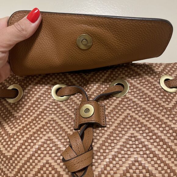 Michael Kors Junie Woven Leather Acorn Butternut Medium Leather Backpack - Picture 4 of 12